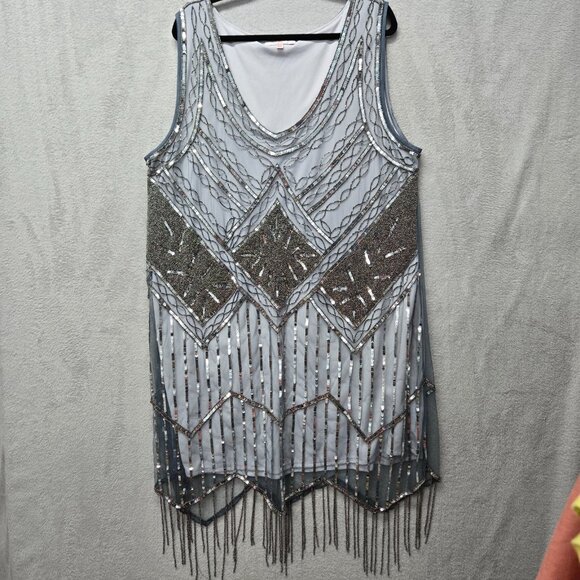Gatsby Lady London 22W Beaded Flapper Dress Gray Silver PLUS SIZE COSTUME - Picture 1 of 15